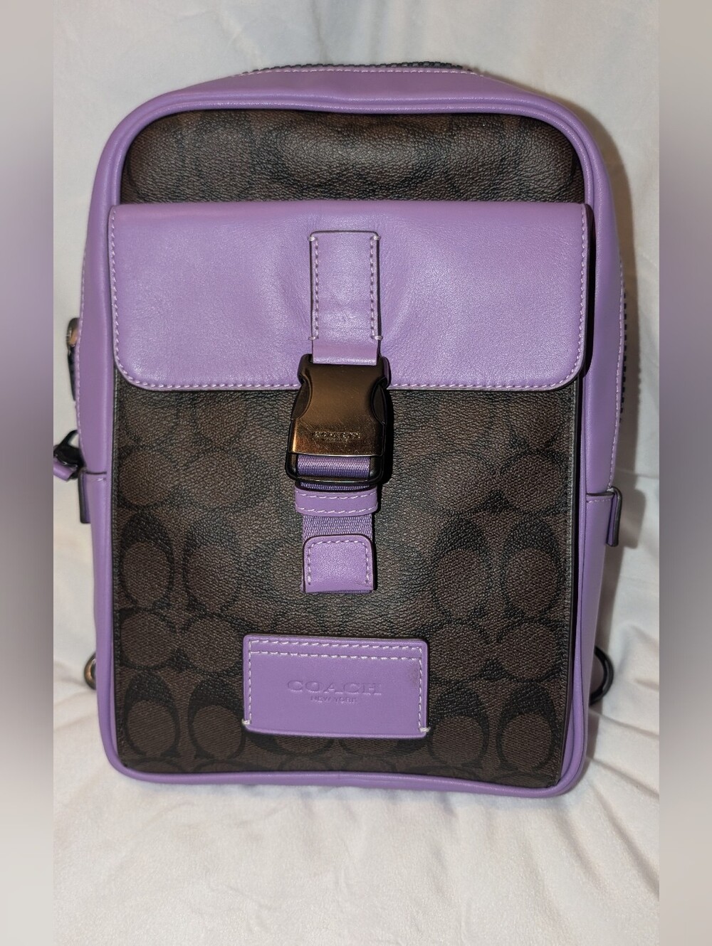 COACH LEATHER AND SIGNATURE COATED CANVAS TRACK PACK Purple Brown CL432 EUC